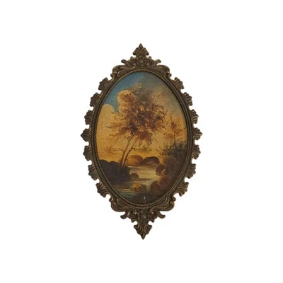 Mini Pintura al Óleo Ornado Victoriano Hardware Marco de Metal 10" Arte Firmado ITALIA De Colección Foto 1 de 4