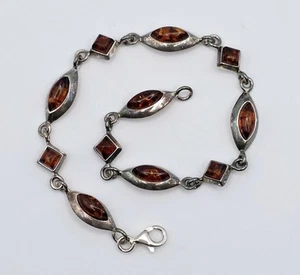 Vintage Sterling Silver Amber Link Bracelet Geometric Square Oval Unique Dainty - Picture 1 of 9