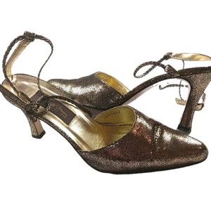 Vintage Sesto Meucci Gold Glitter 3.5" Olé Leather Sole Heels Chain Strap Sz 9 M - Picture 1 of 15
