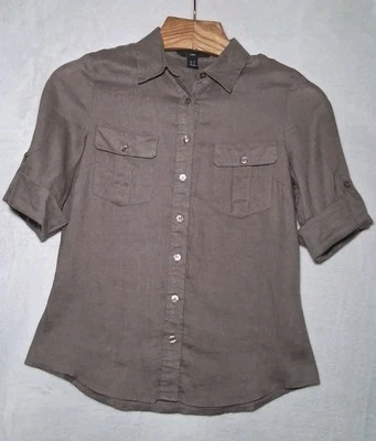 H&M 100% Linen Camp Button Up Womens Shirt Roll Tab Sleeve Size 6 Taupe Safari - Image 1 of 4