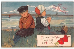 Vintage Valentine Postcard Dutch Children by the River Windmill Heart Arrows 00s - Picture 1 of 2