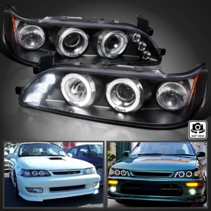 Black Fits 1993-1997 Toyota Corolla LED Halo Projector Headlights Left+Right - Picture 1 of 11