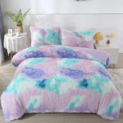 SUCSES Blue Purple Fluffy Twin Bedding Sets for Girls 3Pcs Faux Fur Plush Shaggy - Image 1 of 4