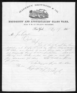 Carta intestata Hagerty Brothers Platt St. NYC vetro farmacia 1868 con vignetta - Foto 1 di 2