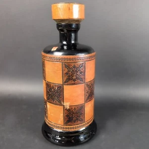 Vintage Embossed Leather Wrapped Glass Decanter Made Italy Checkerboard Design - Picture 1 of 11