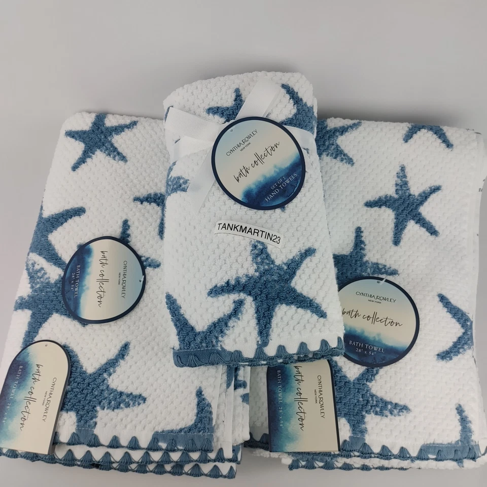 4 Set Cynthia Rowley 2 Bath & 2 Hand Towels Starfish Coastal Texture White Blue - Image 1 of 4