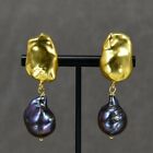 Natural Black Baroque Pearl Gold Plated Keshi Pearl Inside Stud Earrings