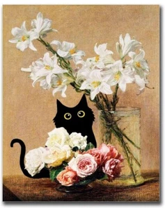 Funny Black Cat Floral Roses Lilies 12.25”x16.25” Canvas Wall Art Poster Print - Picture 1 of 2