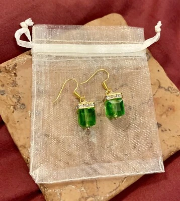 Peridot Green Crystal Cube Earrings Threader Gold Hardware & Crystals NEW - Image 1 of 4