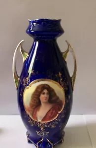 ANTIQUE GLH MADE IN GERMANY VICTORIAN COBALT BLUE PORTRAIT VASE 6" H BY 3 1/2" W - Picture 1 of 5