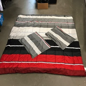 Essential Home Full Comforter Set Modern Horizontal Stripe Red Gray Black - Picture 1 of 10