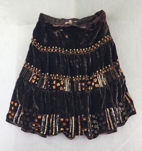 Nanette Lepore Chocolate Brown Velvet Satin Skirt W Sequins Beads Women's Size 2