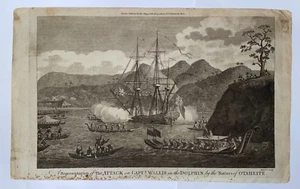 TAHITI ATTACK CAPTAIN WALLIS 1780 JAMES COOK & ANDERSON ANTIKE GRAVIERTE ANSICHT - Bild 1 von 8
