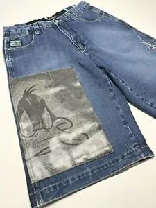 Men's Daffy Duck Blue Patched | Leather Cuff Denim Shorts - Picture 1 of 5