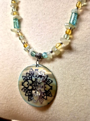 24" pastel quartz glass beaded pendant necklace aqua & yellow glass green quartz - Image 1 of 4