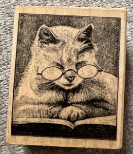 Stampendous! Cat Reading Cattus Librum Wood Mounted Rubber Stamp V239 - Picture 1 of 4
