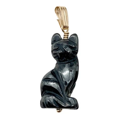 Hematite Kitty Cat Pendant Necklace|Semi Precious Stone Jewelry|14k gf Pendant - Image 1 of 4
