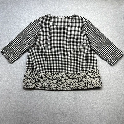 Top Suelto Corte Mujer Grande Negro Cuadros Lino Encaje Dobladillo Cuadrado Lagenlook Artsy Coast Foto 1 de 4