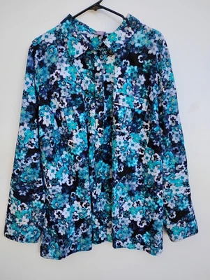 Camisa vintage años 60 LAURA SCOTT mujer azul verde flor manga larga botones 3X Foto 1 de 4