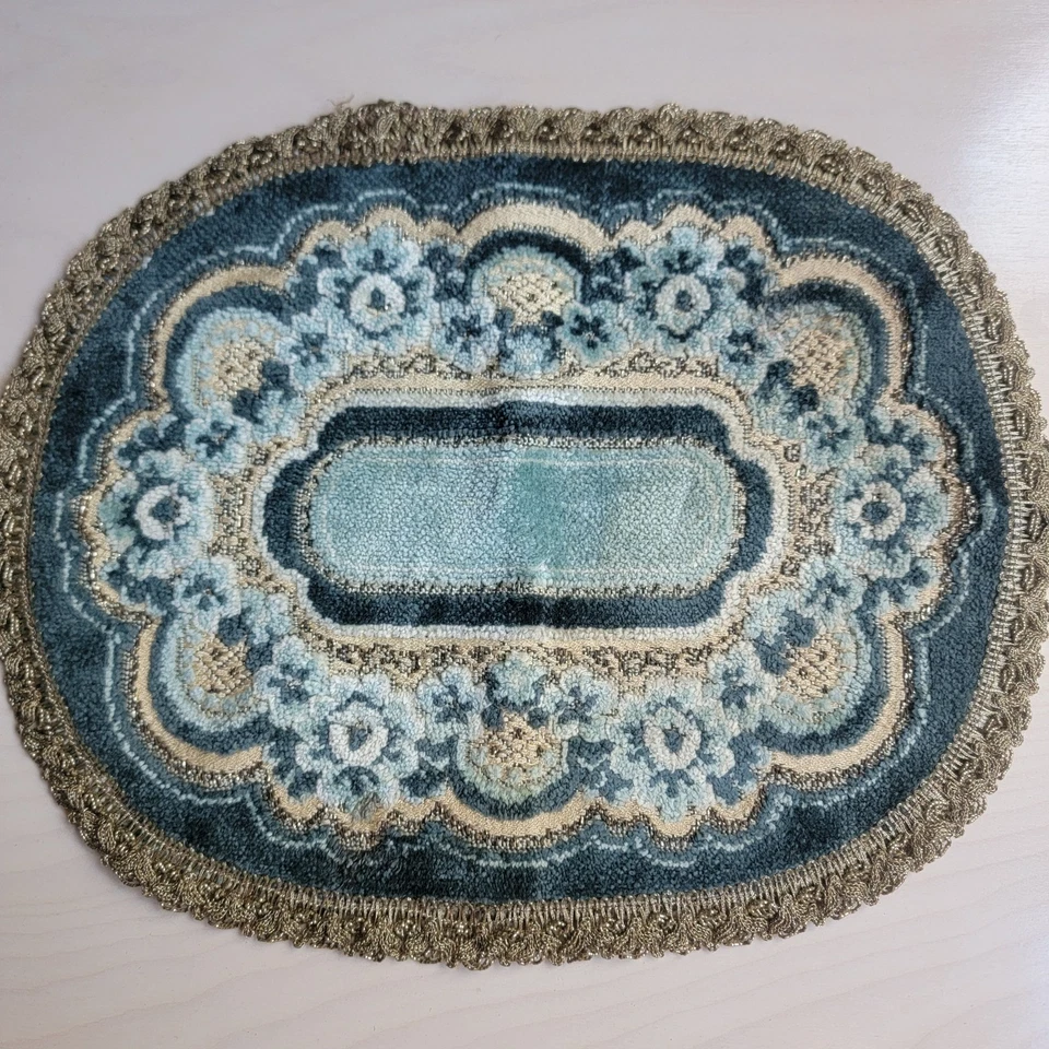 Vintage 1:12 Scale Miniature Dollhouse Victorian Blue White Gold Accent Oval Rug - Image 1 of 3