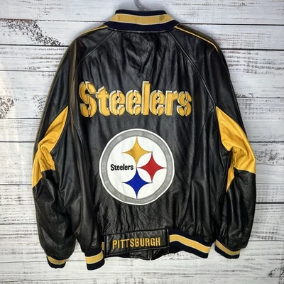 Chaqueta Bomber Vintage Años 90 Pittsburgh Steelers NFL 100% Cuero Cremallera Completa Logo XL Foto 1 de 4