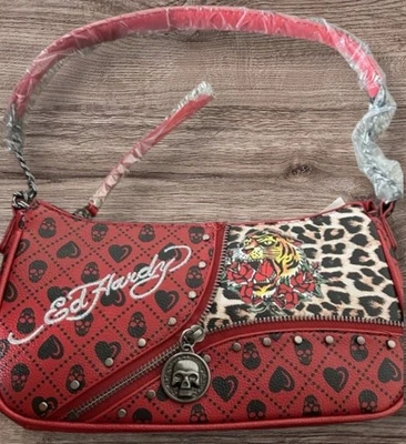 Ed Hardy Red Leopard Tiger Skull Heart Shoulder Crossbody Bag Zip Accent ~ NWT - Image 1 of 3