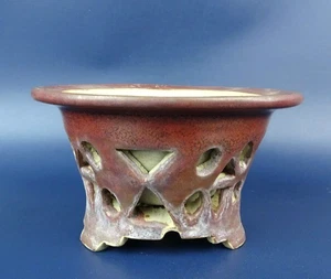 Japanese Bonsai pot NIHEI signed Red glazed SUKASHI-BORI Outer edge φ4.2" *396 7 - Picture 1 of 8