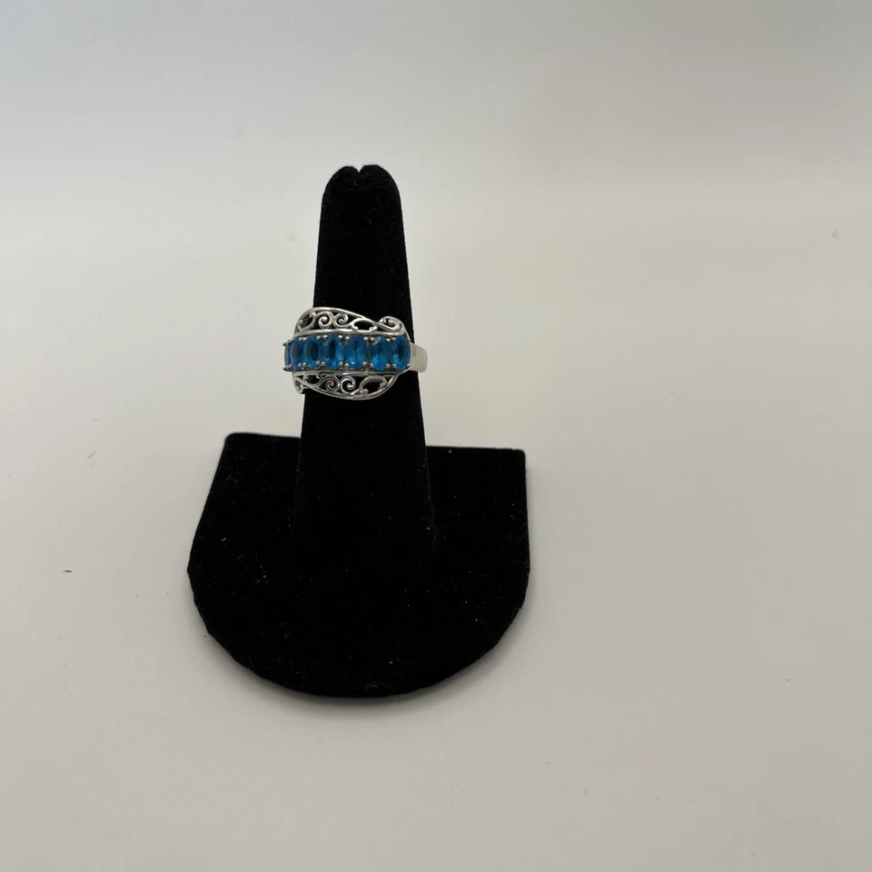 Anillo de ley 925 con 7 piedras ovaladas de apatita azul talla 7 firmado BBJ   Foto 1 de 4