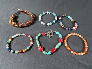 ✨Genuine Gemstone Beaded Stretch Bracelet Lot Of 4 W/ 2 Non Adjustable Carved✨ - Picture 1 of 9