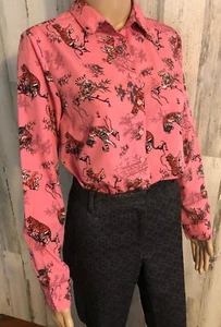 MAX Pink Button Up Shirt Juniors Sz M Tiger Print Long Sleeve Polyester - Picture 1 of 10