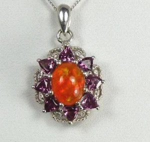 Genuine Orange Welo Opal Rhodolite Garnet Pendant Platinum / 925 Sterling Silver - Picture 1 of 4