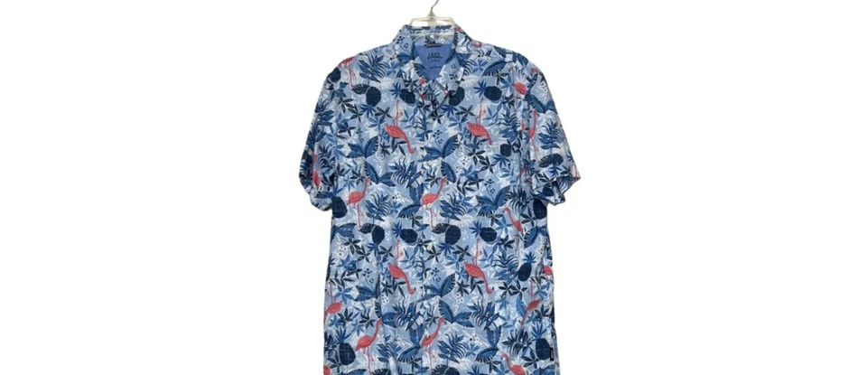 IZOD SaltWater Shirt Men's L Button Up Relaxed Hawaiian Blue Flamingos