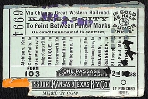 Missouri, Kansas & Texas Railway Ticket Kansas City 1912 #6994 - Picture 1 of 2