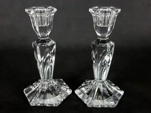 Pair Of Vintage Crystal Glass Candlesticks, Column Candle Holders Hexagonal Base - Picture 1 of 12