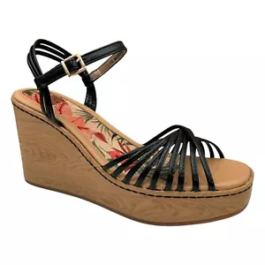 BOC Catalina Women's Platform Wedge Sandal Size 9 Black/Tan Glossy Straps Twist - Picture 1 of 14