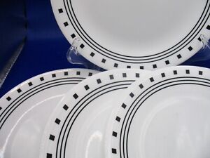 4 NEW Corelle CITY BLOCK Salad Luncheon Plates 8.5” Black White with Stickers