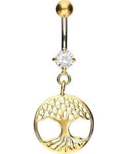 925 ECHT SILBER vergoldet + Titan _Bananabell Bauchnabelpiercing Baum Lebensbaum - Picture 1 of 3