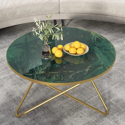 round Coffee Table with Green Faux Marble Top - Image 1 of 4