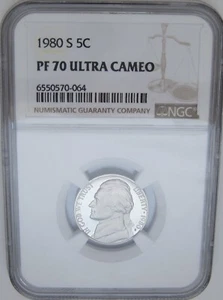 1980-S JEFFERSON NICKEL NGC PF70 ULTRA CAMEO = RARE & SCARCE w/ Book $375! - Picture 1 of 8