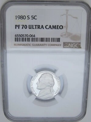 1980-S JEFFERSON NICKEL NGC PF70 ULTRA CAMEO = RARE & SCARCE w/ Book $375! - Image 1 of 4