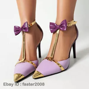 Pointed Toe Womens T Strap High Stilettos Heels Buckles Pumps Bowknot Shoes Size - Picture 1 of 26