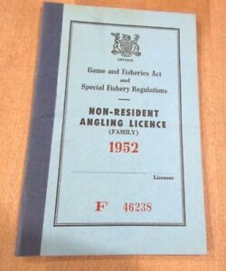Vintage 1952 Ontario Non Resident Family Angling Fishing License Booklet (r)