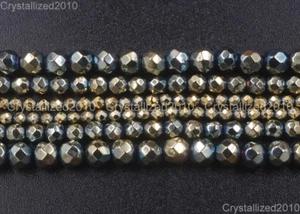 2 Strands Natural Hematite Gemstone Green Pyrite Faceted Round Beads 8mm 15'' - Picture 1 of 12