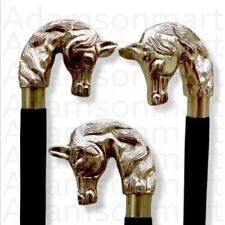 Horse Head Handle Brass Vintage Victorian Fordable Wooden Walking Stick Cane Gif
