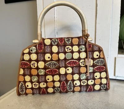 Cartera vintage - Fossil impresa para mujer asas de madera clásica 1954 nueva sin etiquetas Foto 1 de 4