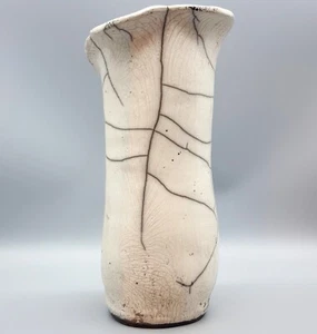 White Crackle Raku Slab-Built Studio Art Pottery Large Signed Sculpture Vase 12" - Picture 1 of 9