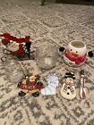Snowman Candle Holders, Ornaments And Santa Sleigh Lot