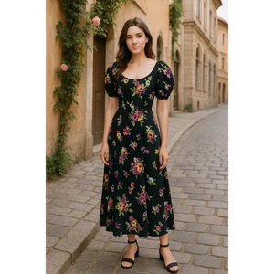 Vintage Betsey Johnson for Lew Magram 90’s Black Floral Midi Dress Scoop Medium - Bild 1 von 12