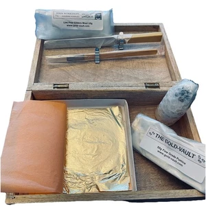 Kit dorado bóveda dorada caja cuero superior hoja dorada cepillo cuchillo piedra pómez lana esmalte - Imagen 1 de 9