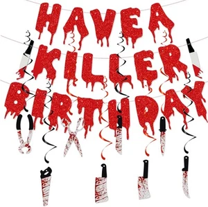 Killer Halloween Geburtstag Banner - Horrorfilm & Zombie Vampir Motiv rot  - Bild 1 von 5